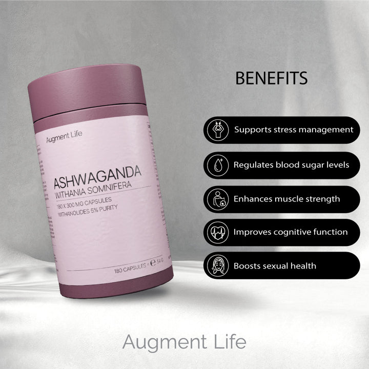 Purple supplement container labeled 'Ashwagandha' with listed benefits on a gray background