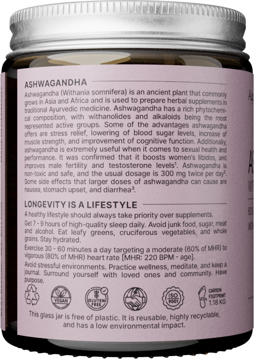 Jar of Ashwagandha supplement with label detailing product information and usage.
