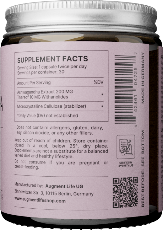 Supplement container with label showing supplement facts and branding details.