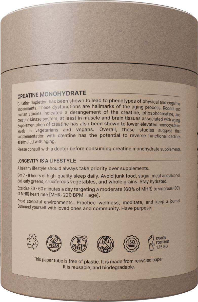 Supplement container with text and icons on a beige background