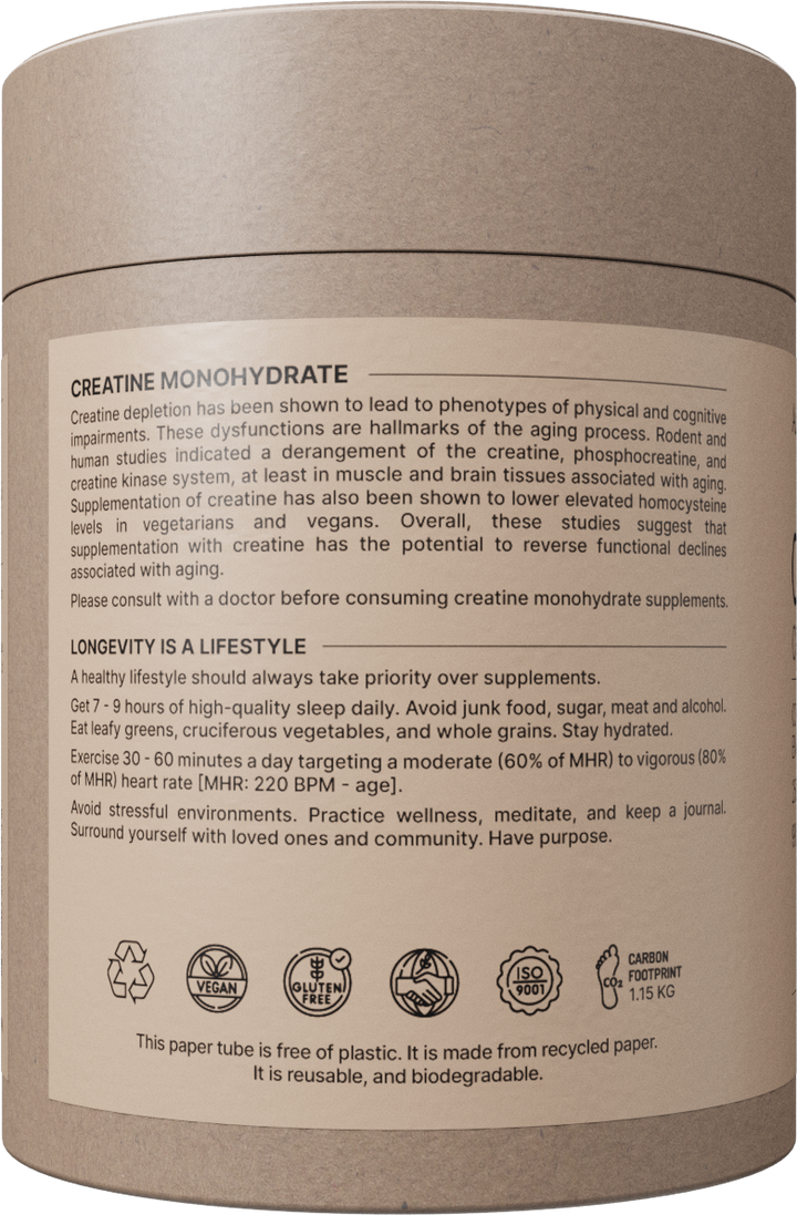Supplement container with text and icons on a beige background