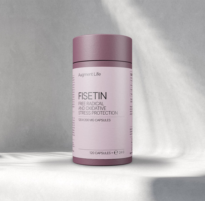 Supplement contains of 120 caps labeled 'Fisetin' for free radical and oxidative stress protection on a white background.