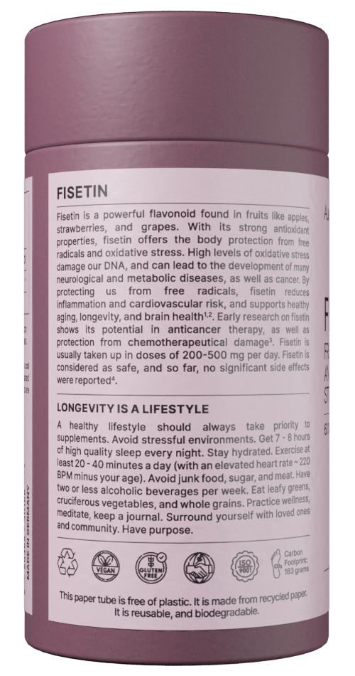 Purple supplement container with white label containing text and logos