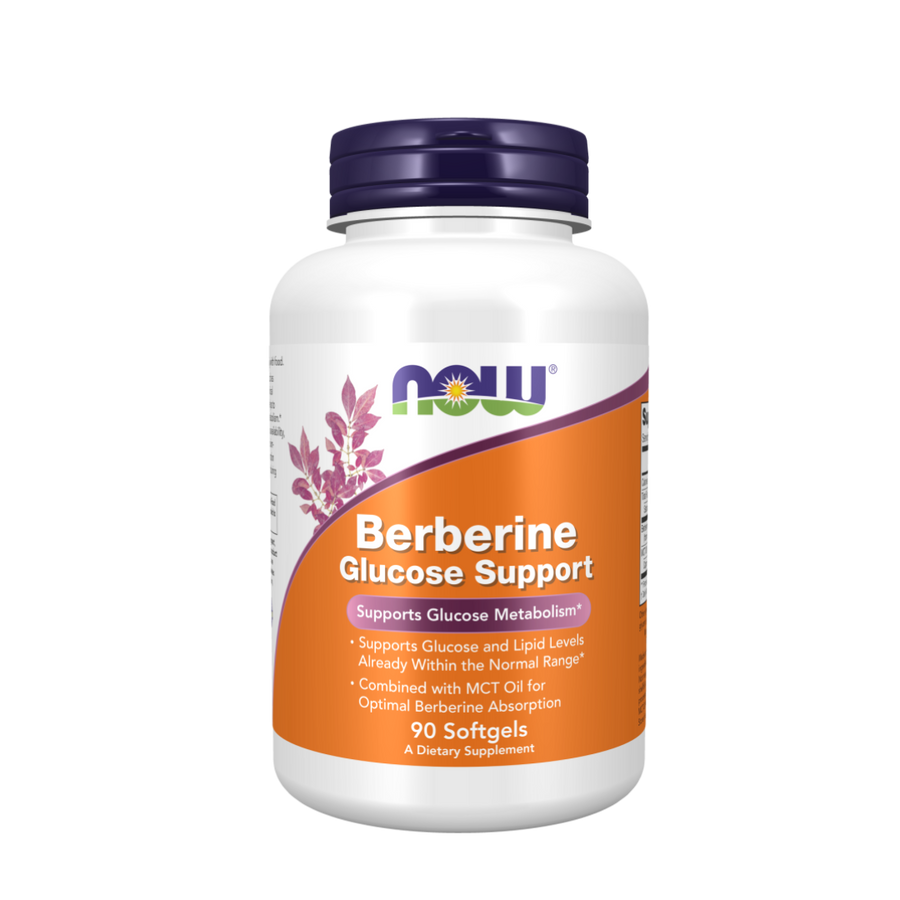 Supplement bottle labeled 'Berberine Glucose Support' by NOW on a white background