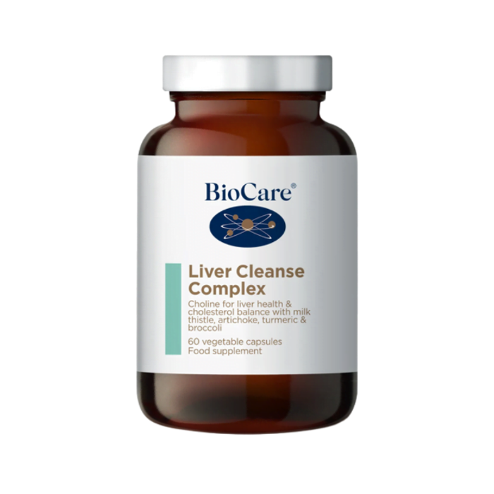 A bottle of BioCare Liver Cleanse Complex dietary supplement with 60 capsules.