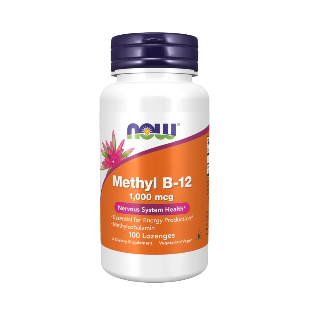 Supplement bottle labeled 'Methyl B-12' with Now brand on a white background