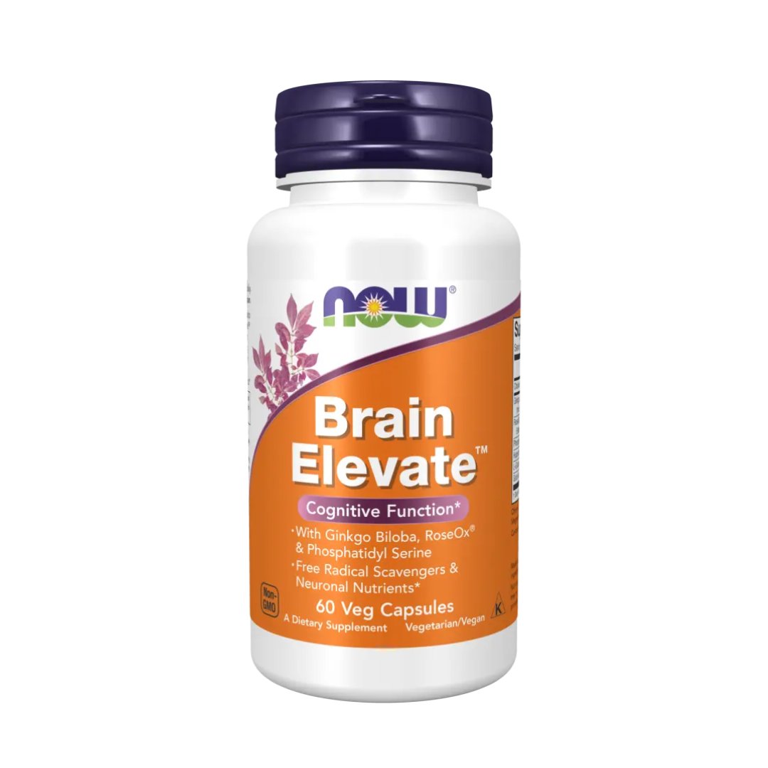 Supplement bottle labeled 'Brain Elevate' by NOW on a white background