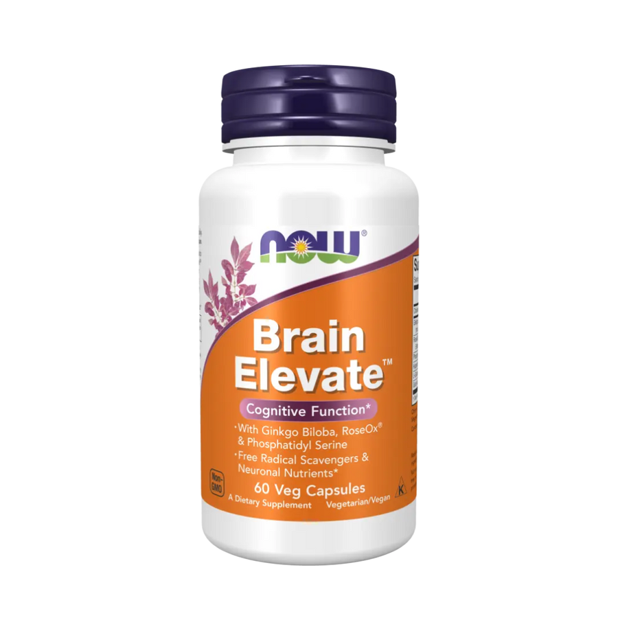 Supplement bottle labeled 'Brain Elevate' by NOW on a white background
