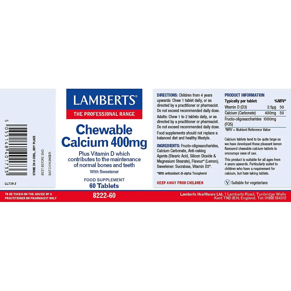 Chewable Calcium 400mg With Vitamin D and FOS, lemon flavor Lamberts