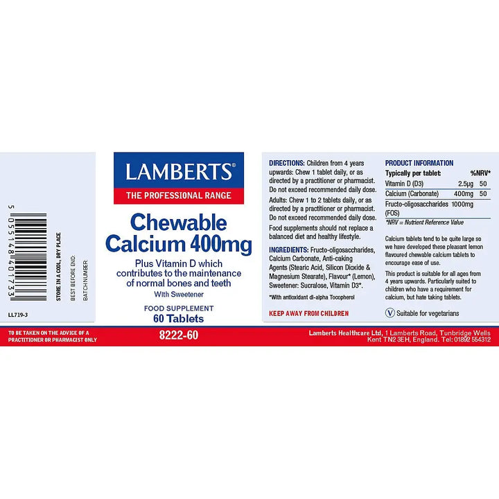 Chewable Calcium 400mg With Vitamin D and FOS, lemon flavor Lamberts