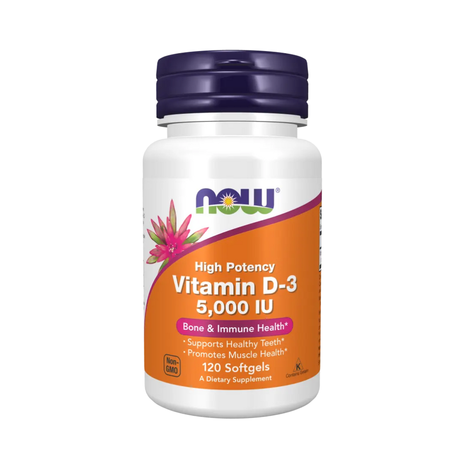 Supplement bottle labeled 'High Potency Vitamin D-3 5,000 IU' by NOW on a white background