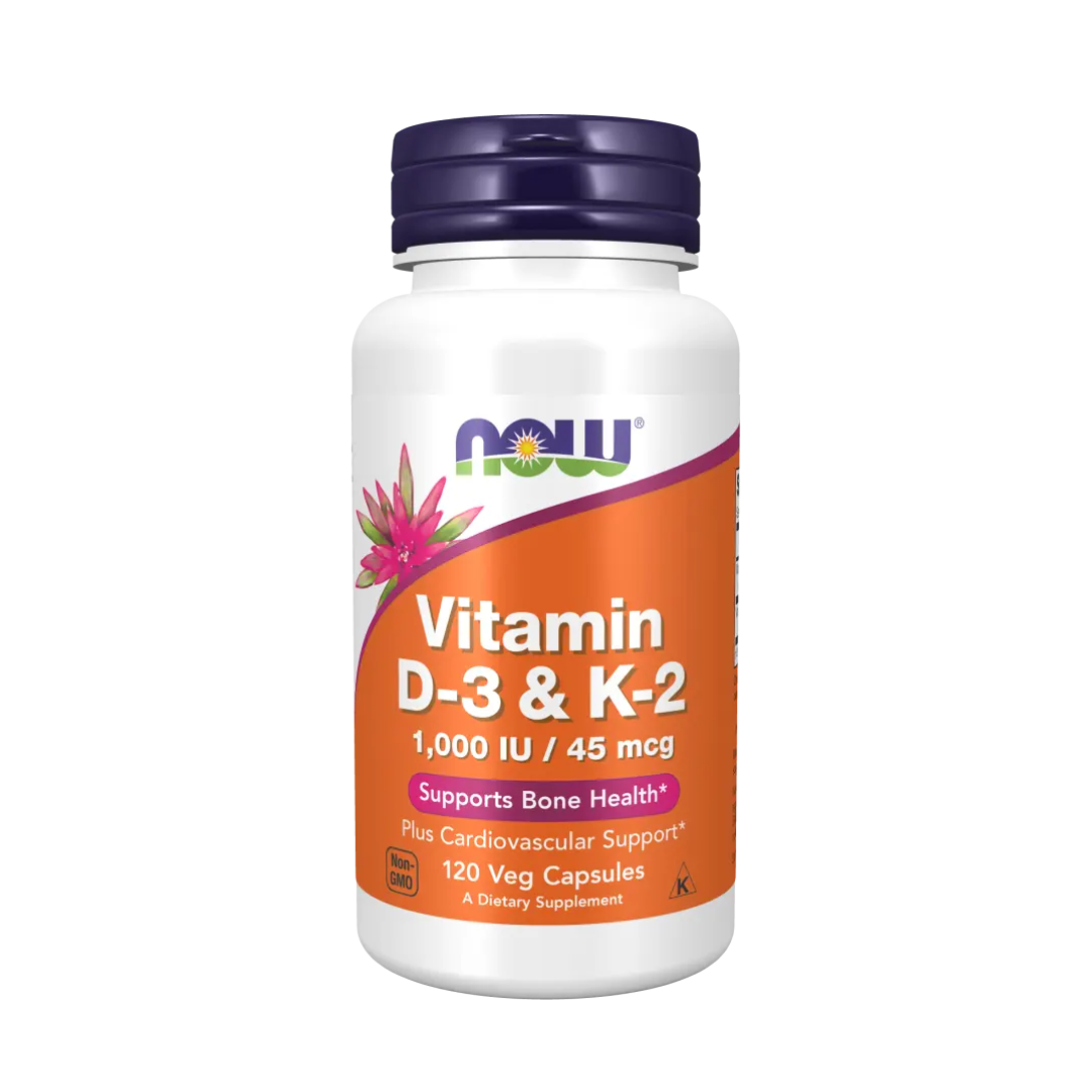 Supplement bottle labeled 'Vitamin D-3 & K-2' by NOW on a white background