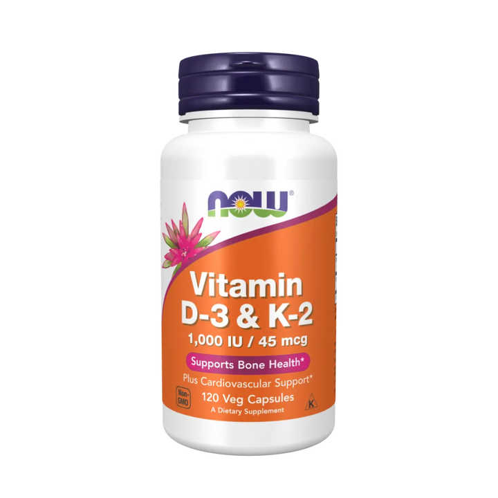 Supplement bottle labeled 'Vitamin D-3 & K-2' by NOW on a white background