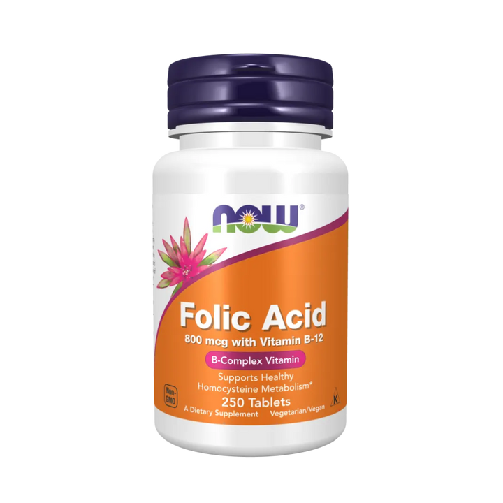 Supplement bottle of Folic Acid with Vitamin B-12 on a white background