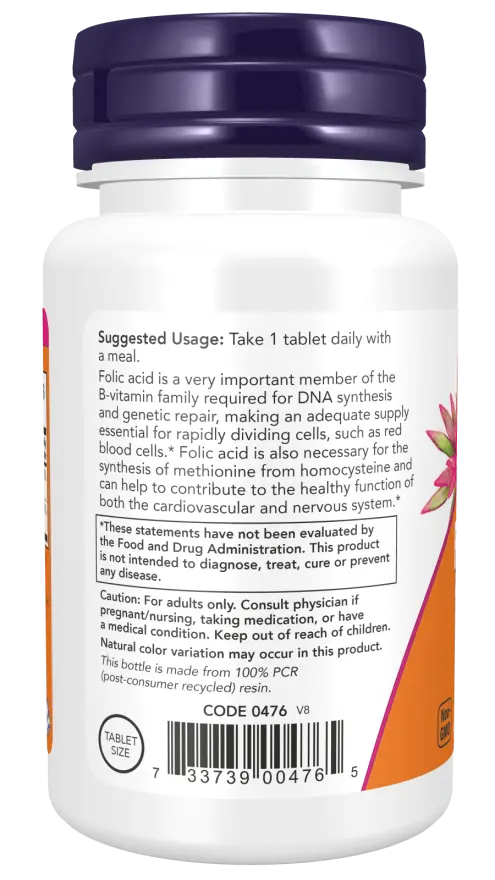 Folic Acid 800 mcg with Vitamin B-12 Tablets NOW