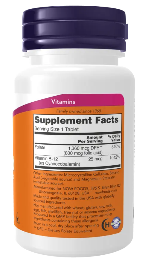 Folic Acid 800 mcg with Vitamin B-12 Tablets NOW