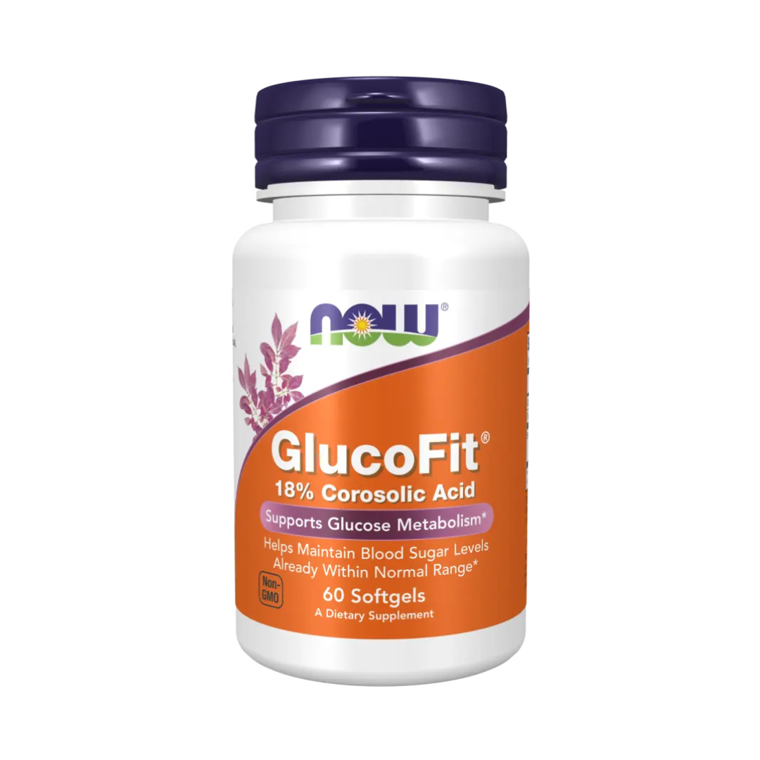 GlucoFit supplement bottle with NOW brand on a white background