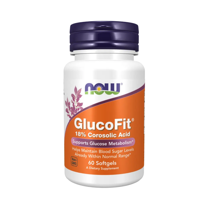 GlucoFit supplement bottle with NOW brand on a white background