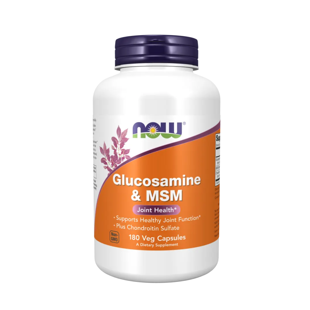 Supplement bottle labeled 'Glucosamine & MSM' by NOW on a white background