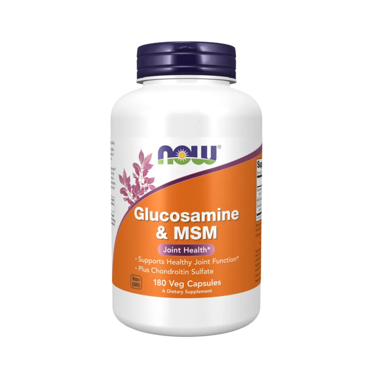 Supplement bottle labeled 'Glucosamine & MSM' by NOW on a white background