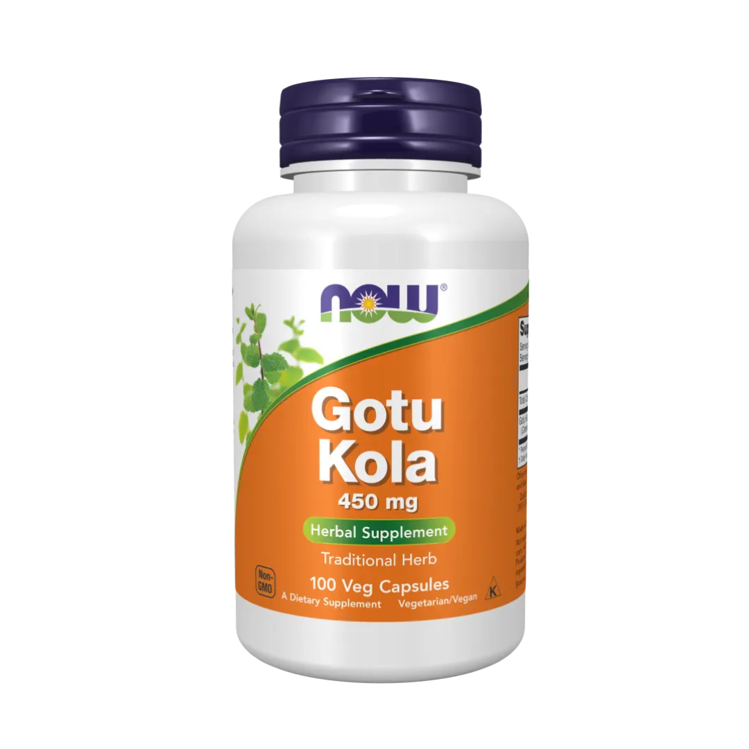 Supplement bottle of Gotu Kola with Now brand on a white background