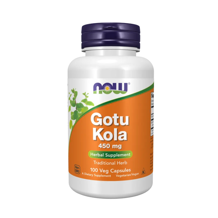 Supplement bottle of Gotu Kola with Now brand on a white background