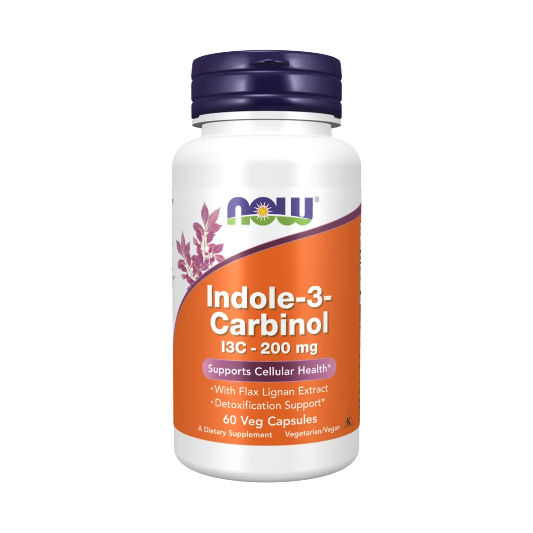 Supplement bottle labeled 'Indole-3-Carbinol' with Now brand on a white background