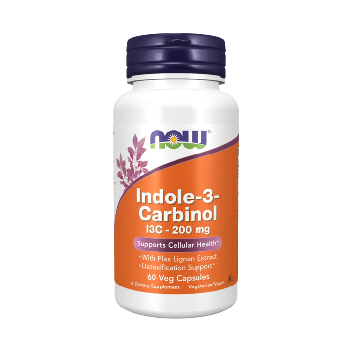 Supplement bottle labeled 'Indole-3-Carbinol' with Now brand on a white background