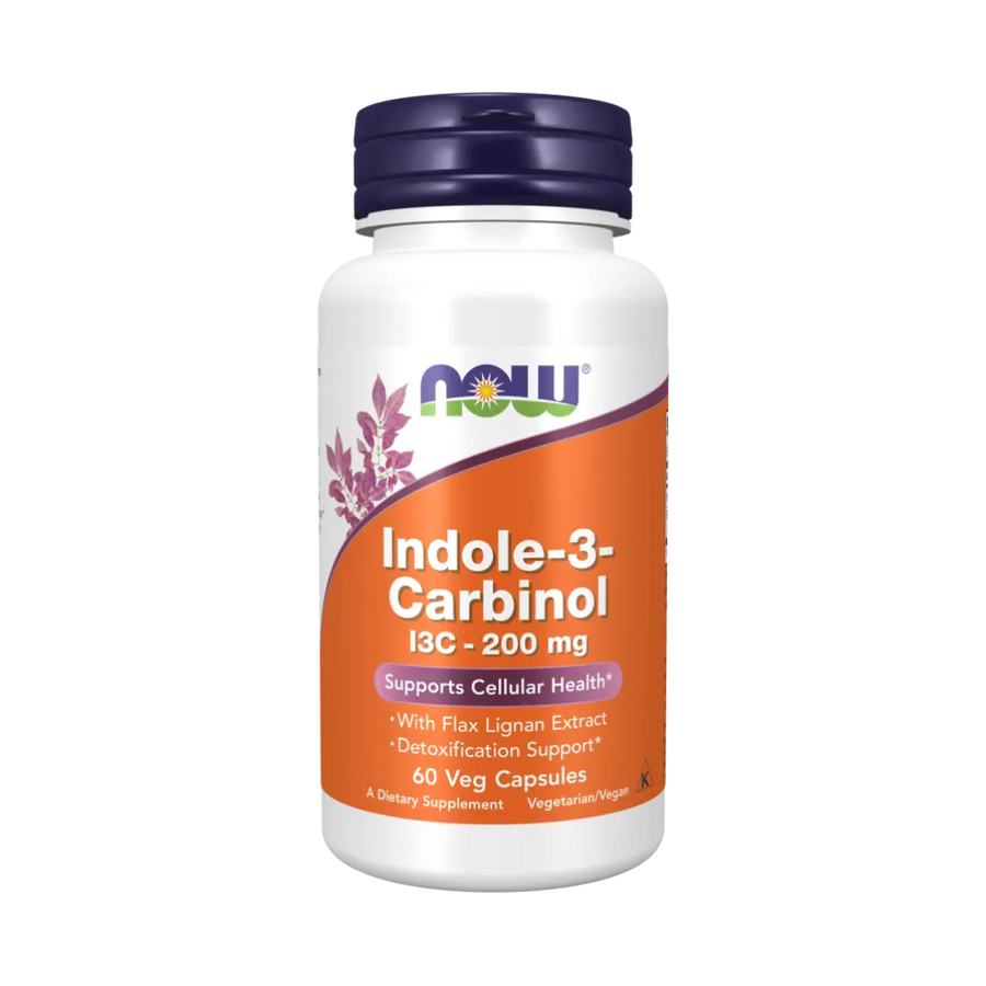 Supplement bottle labeled 'Indole-3-Carbinol' with Now brand on a white background