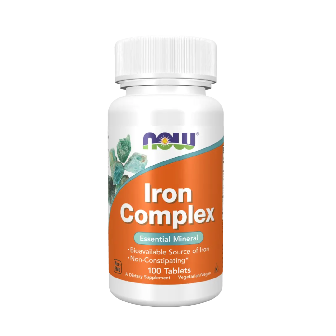 Bottle of NOW Iron Complex supplement on a white background