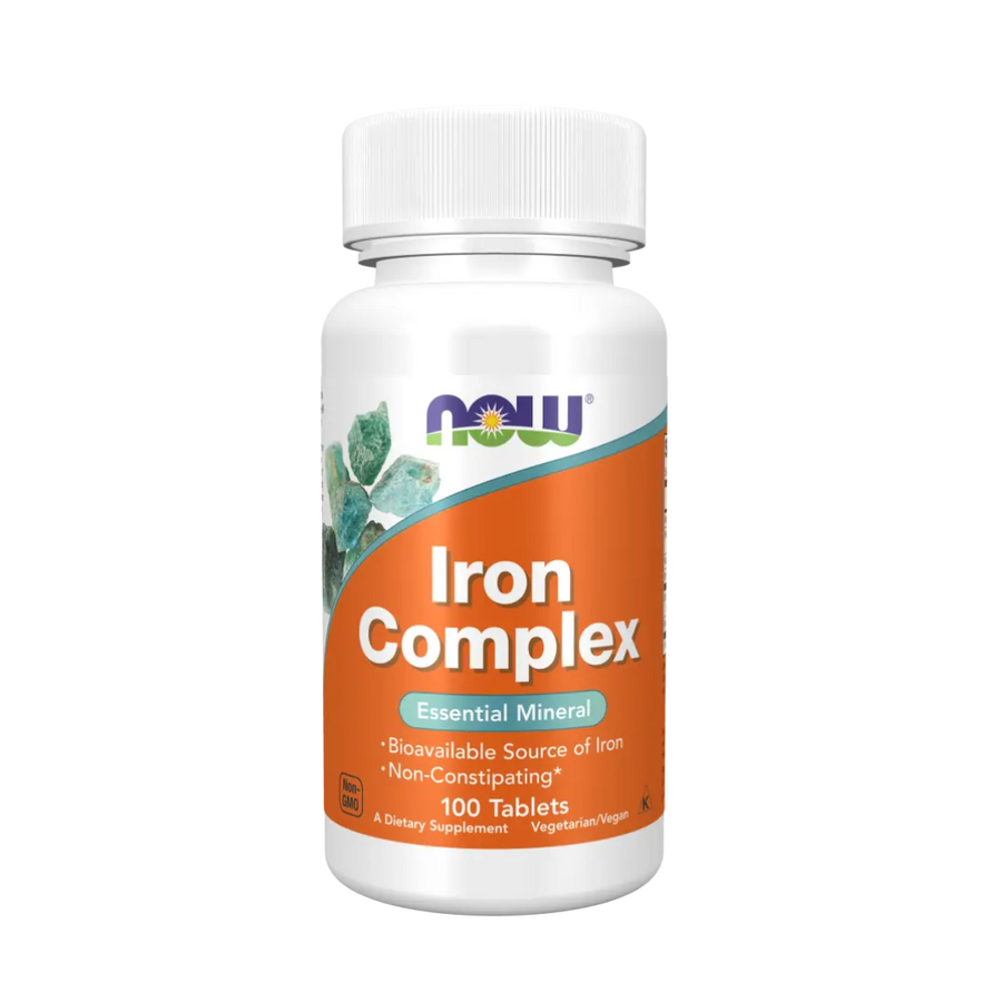 Bottle of NOW Iron Complex supplement on a white background