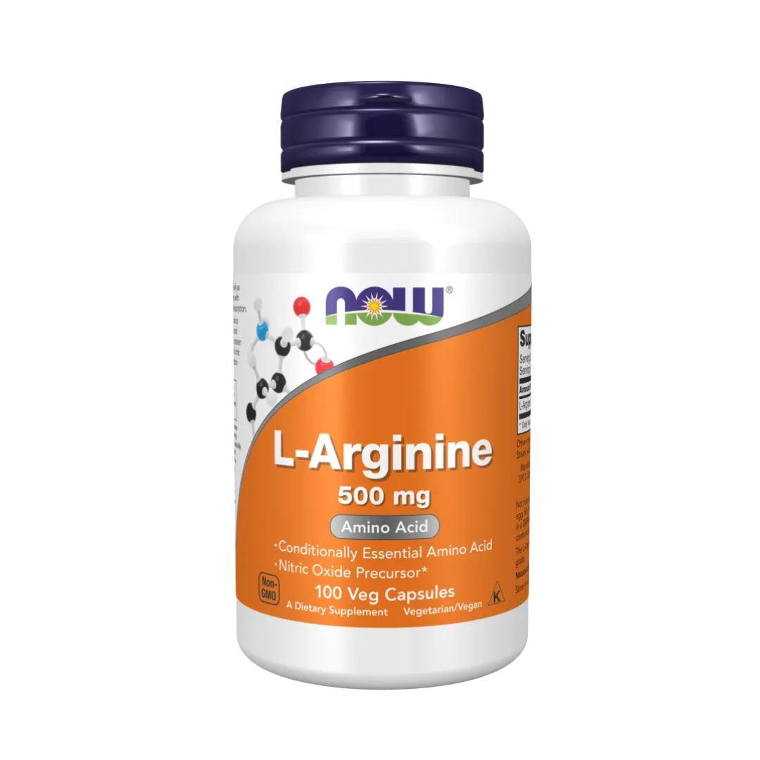 Supplement bottle labeled 'L-Arginine 500 mg' by NOW on a white background