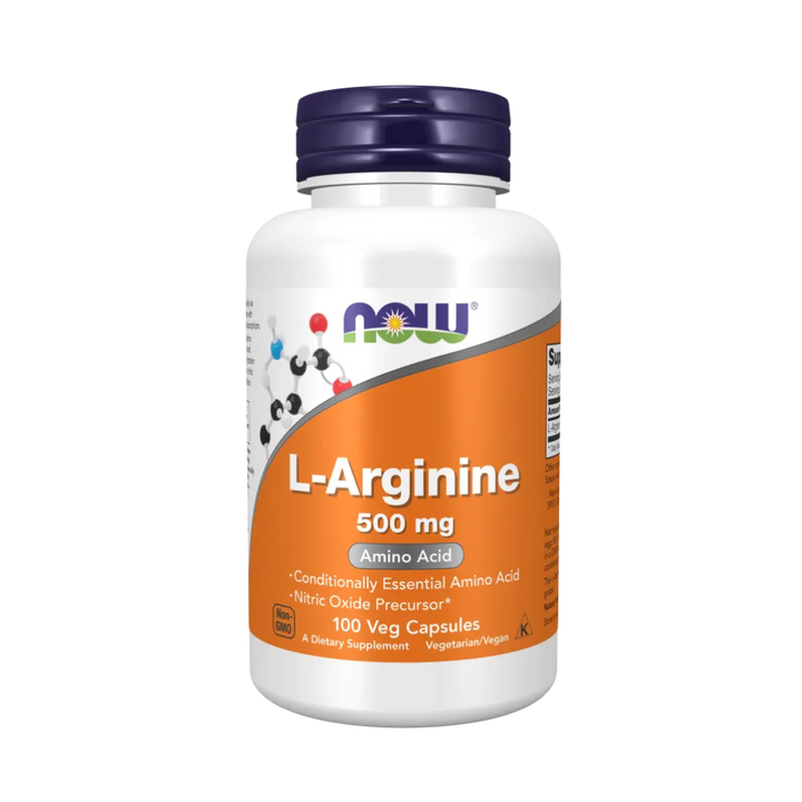Supplement bottle labeled 'L-Arginine 500 mg' by NOW on a white background