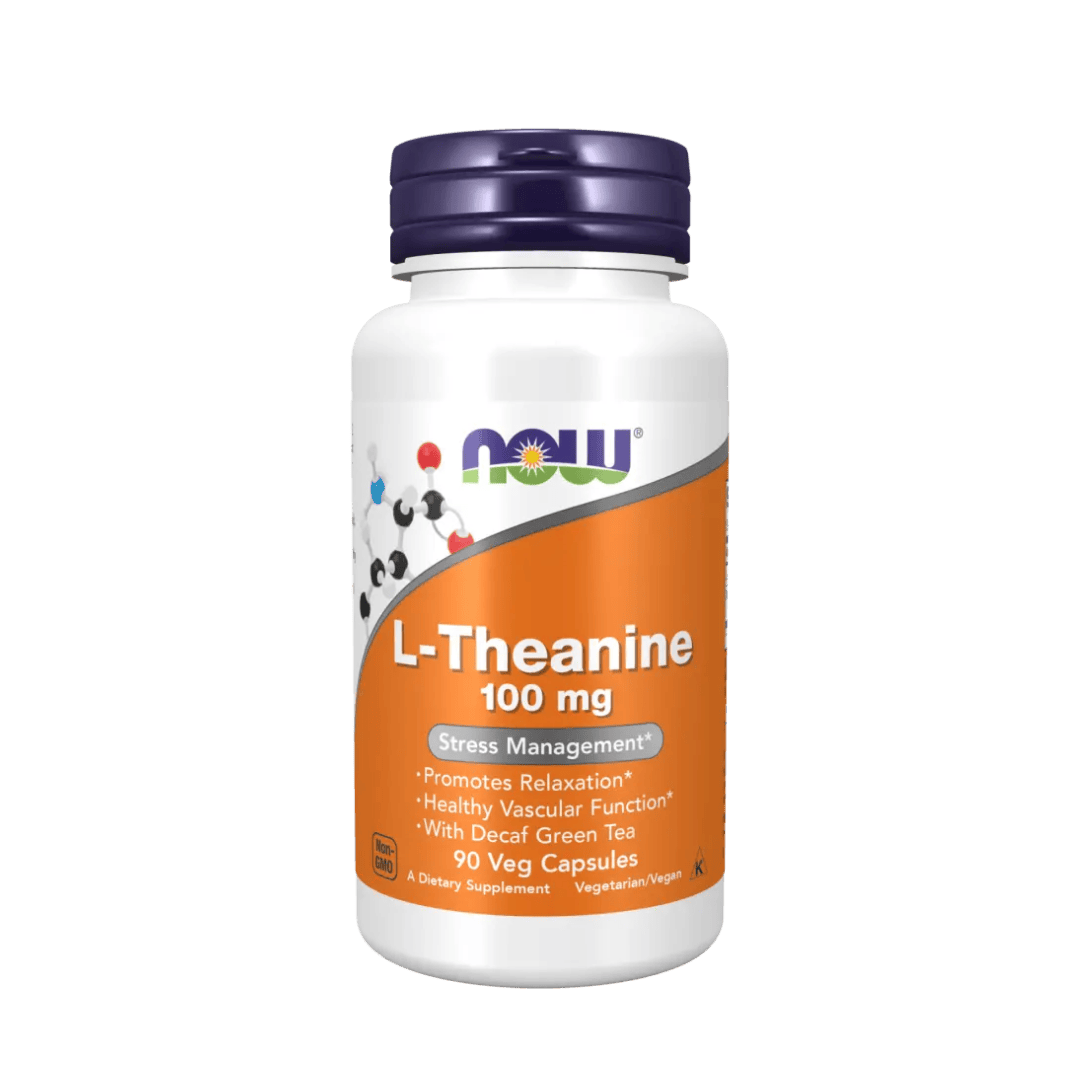 Supplement bottle labeled 'L-Theanine 100 mg' with NOW brand on a green background