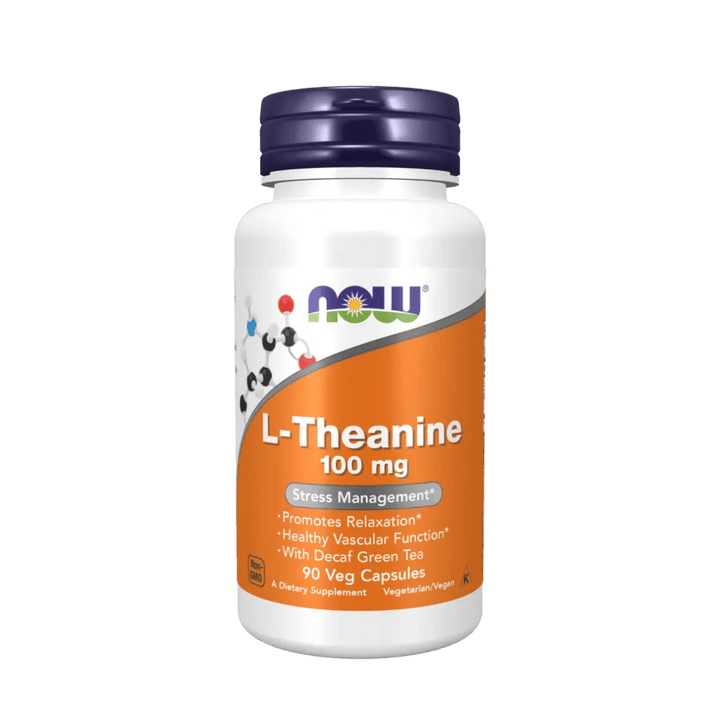 Supplement bottle labeled 'L-Theanine 100 mg' with NOW brand on a green background
