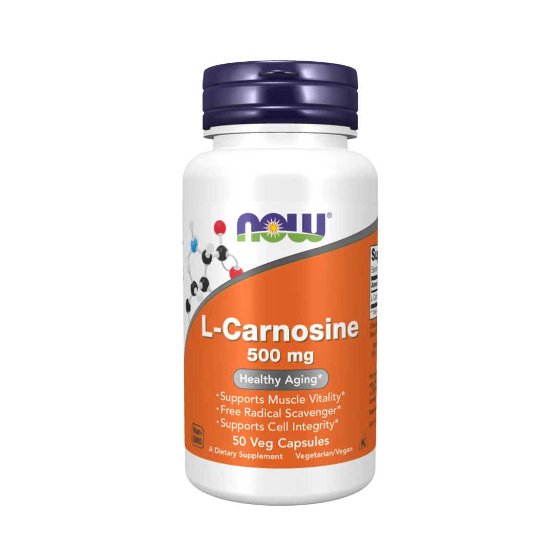 Supplement bottle labeled 'L-Carnosine 500 mg' by NOW on a white background