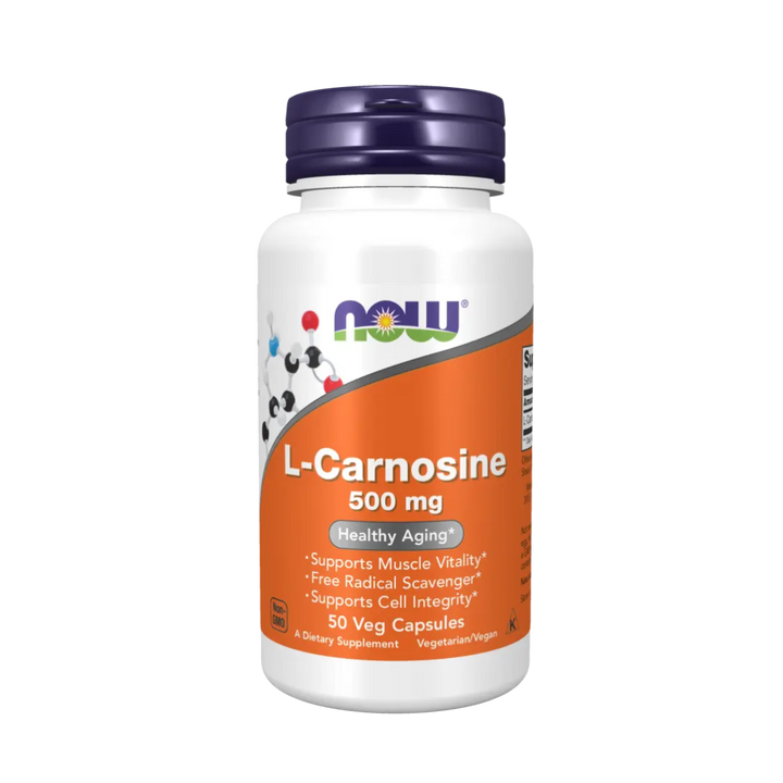 Supplement bottle labeled 'L-Carnosine 500 mg' by NOW on a white background