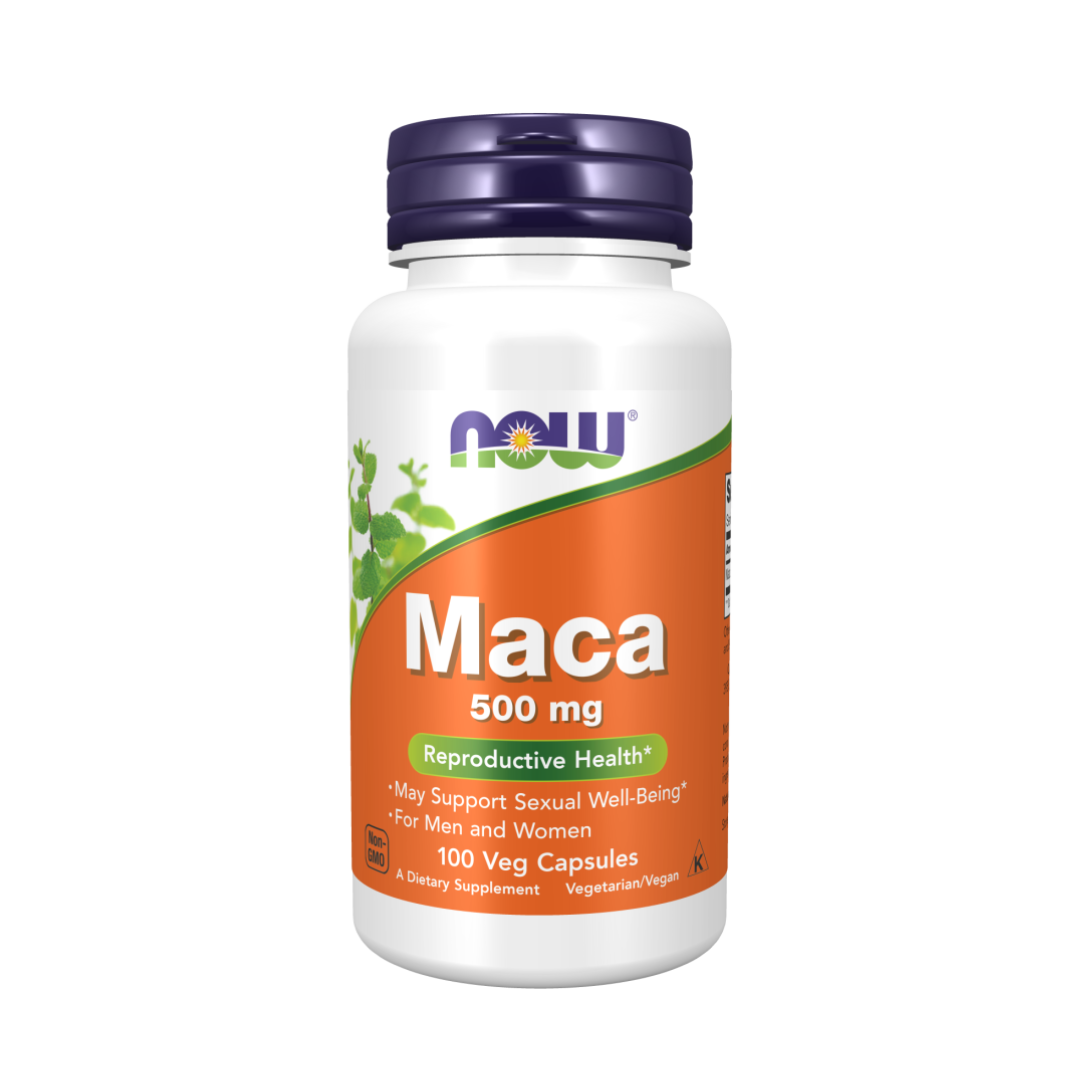 Supplement bottle labeled 'Maca 500 mg' by NOW on a white background