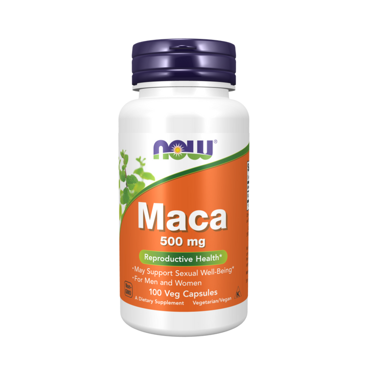 Supplement bottle labeled 'Maca 500 mg' by NOW on a white background