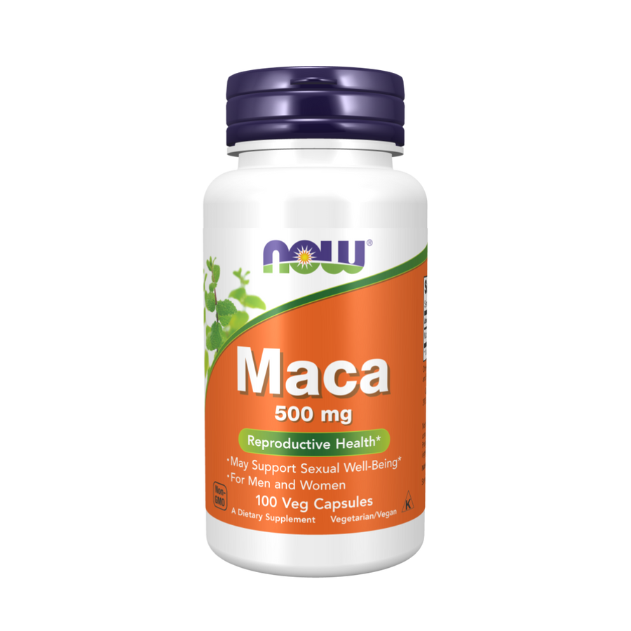 Supplement bottle labeled 'Maca 500 mg' by NOW on a white background