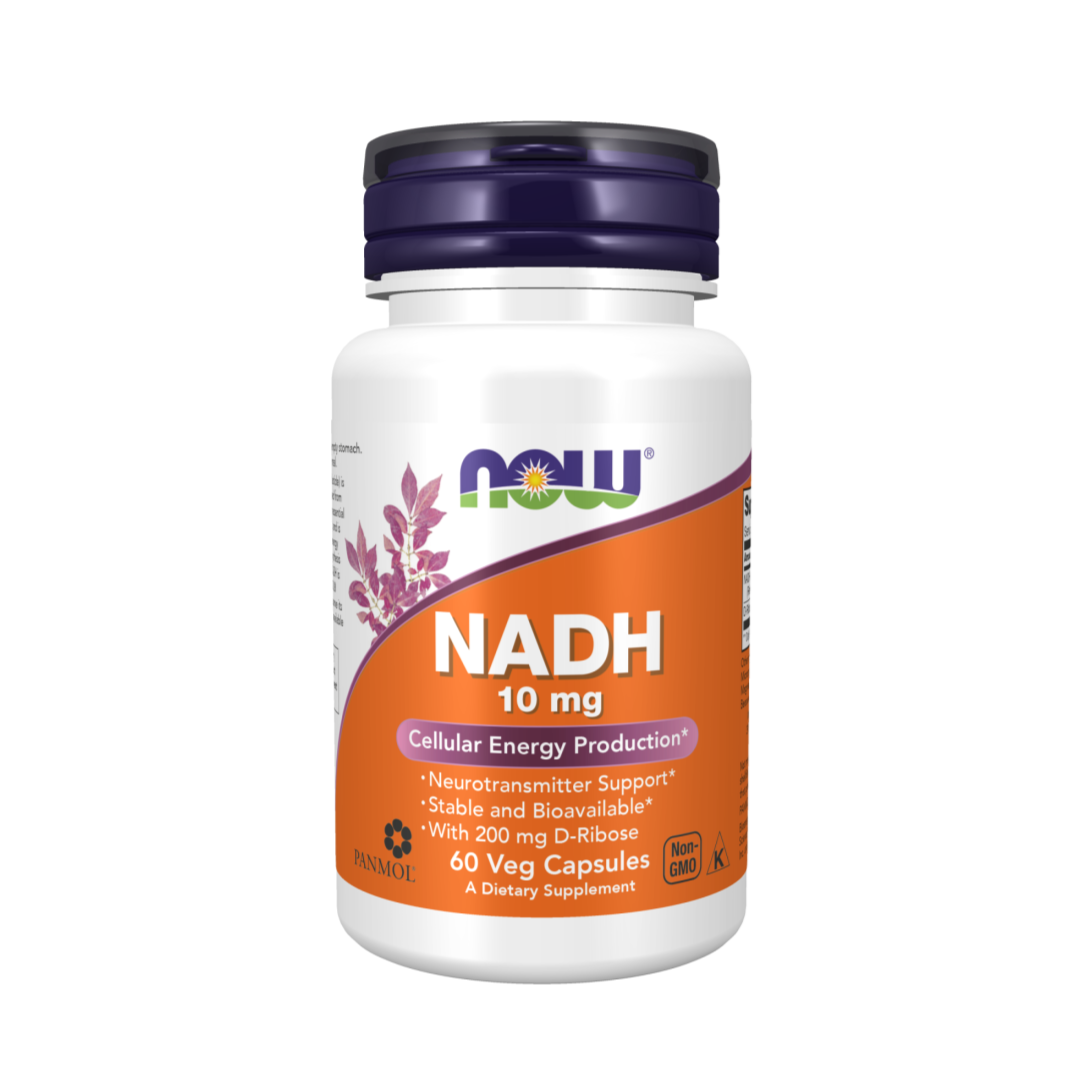 Supplement bottle labeled 'NADH 10 mg' by NOW on a white background