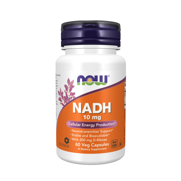 Supplement bottle labeled 'NADH 10 mg' by NOW on a white background