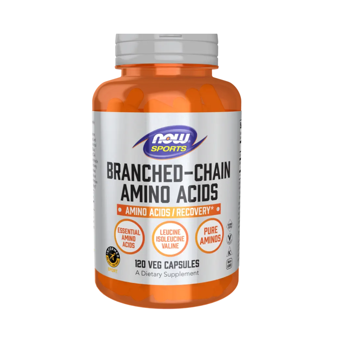 Supplement bottle labeled 'Branched-Chain Amino Acids' by NOW Sports on a white background