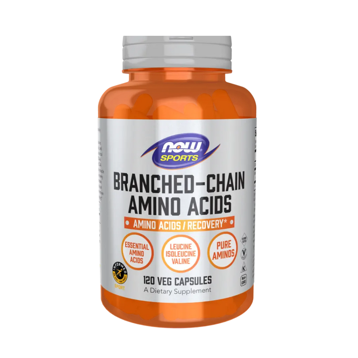 Supplement bottle labeled 'Branched-Chain Amino Acids' by NOW Sports on a white background