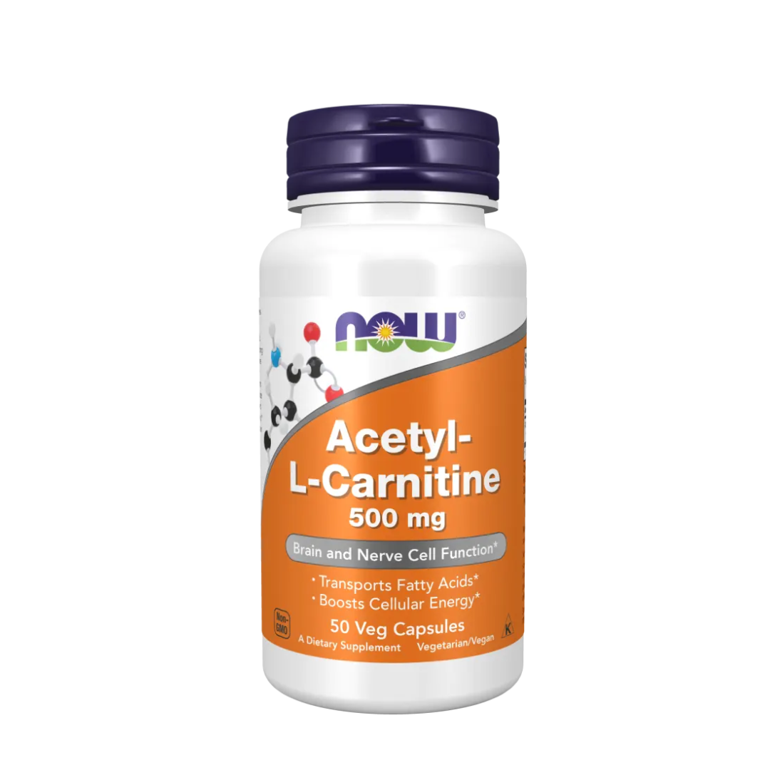 Supplement bottle labeled 'Acetyl-L-Carnitine 500 mg' by NOW on a white background