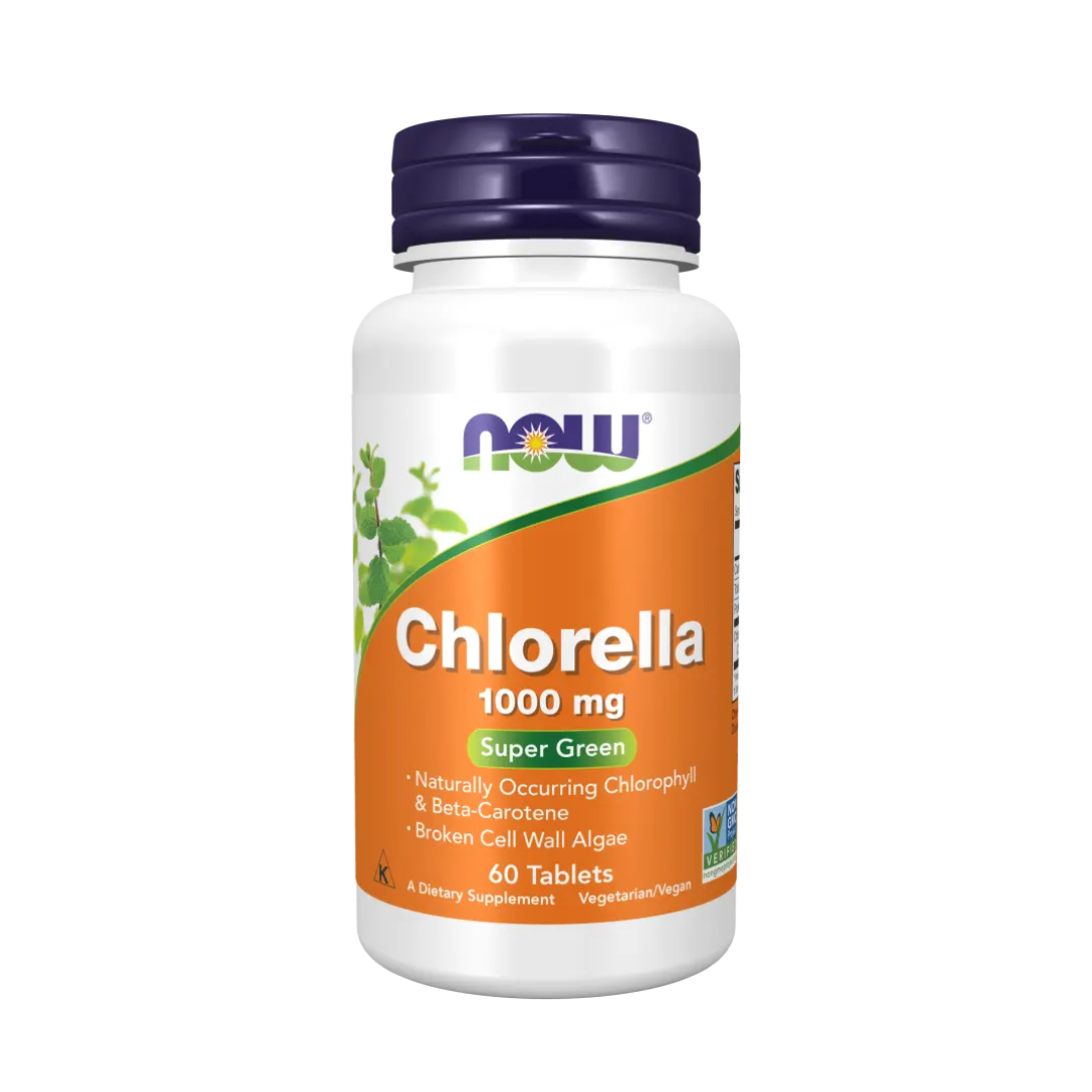 Chlorella supplement bottle with Now brand on a white background
