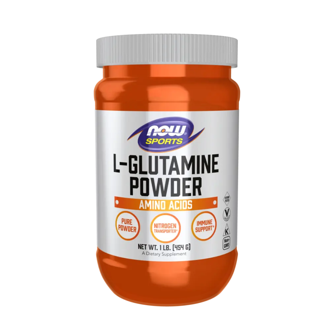 Orange and white container of L-Glutamine Powder by NOW Sports on a white background