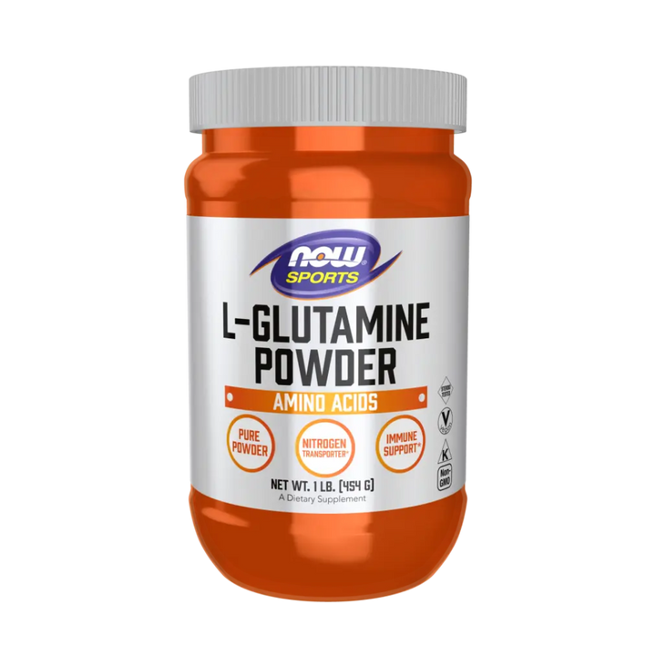 Orange and white container of L-Glutamine Powder by NOW Sports on a white background