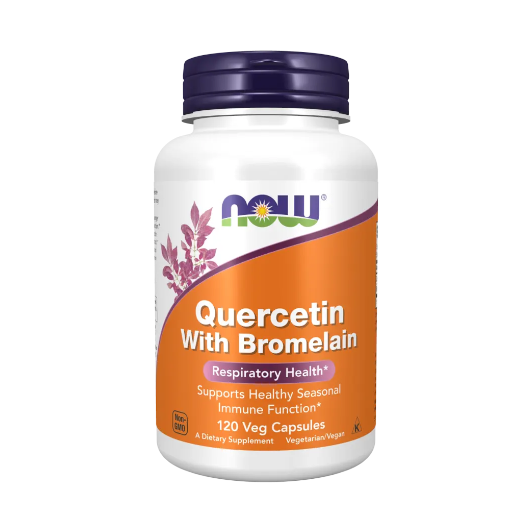 Supplement bottle labeled 'Quercetin with Bromelain' by NOW on a white background