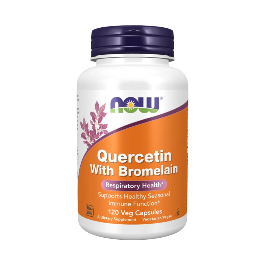 Supplement bottle labeled 'Quercetin with Bromelain' by NOW on a white background
